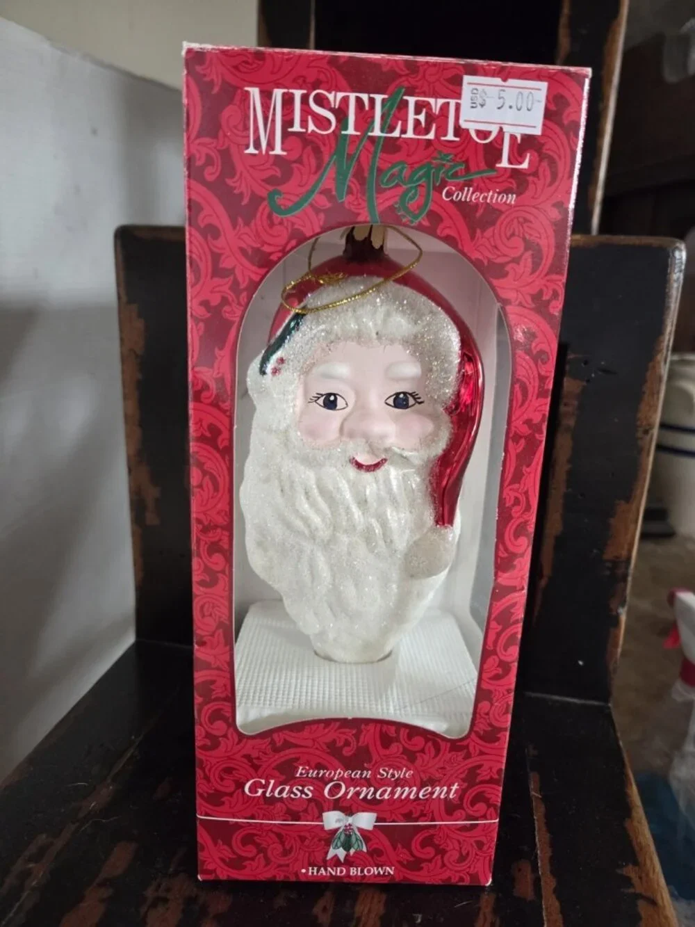 Vintage Mistletoe Magic European Style Hand Blown Santa Glass Christmas Ornament
